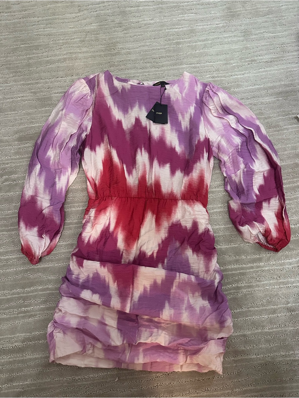 NWT Maje Tie-Dye Puff Sleeve Midi Dress in Purple & White